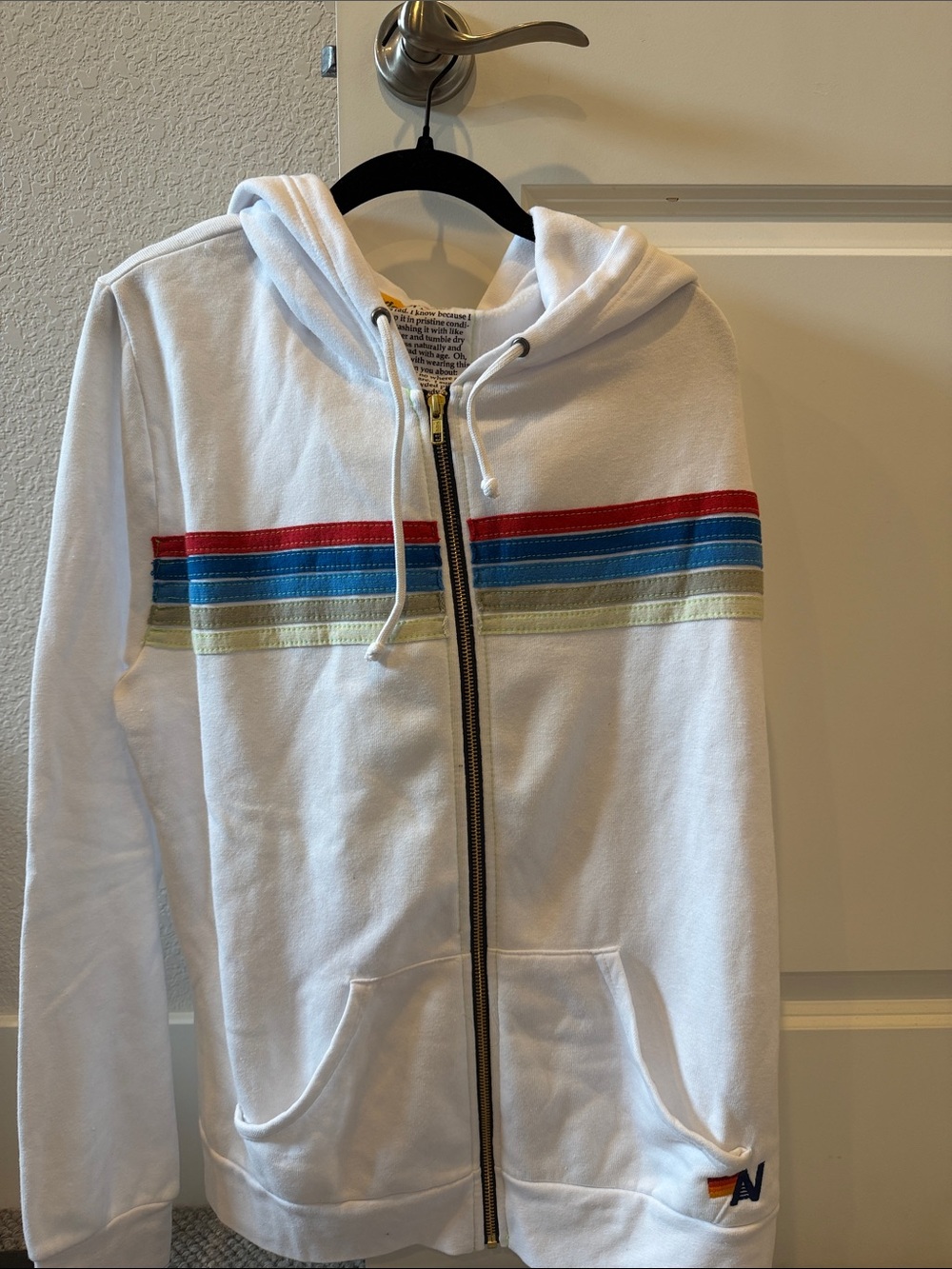 Aviator Nation 5 stripe vintage White Zip-Up Hoodie with Multi-Stripe Detail NEW